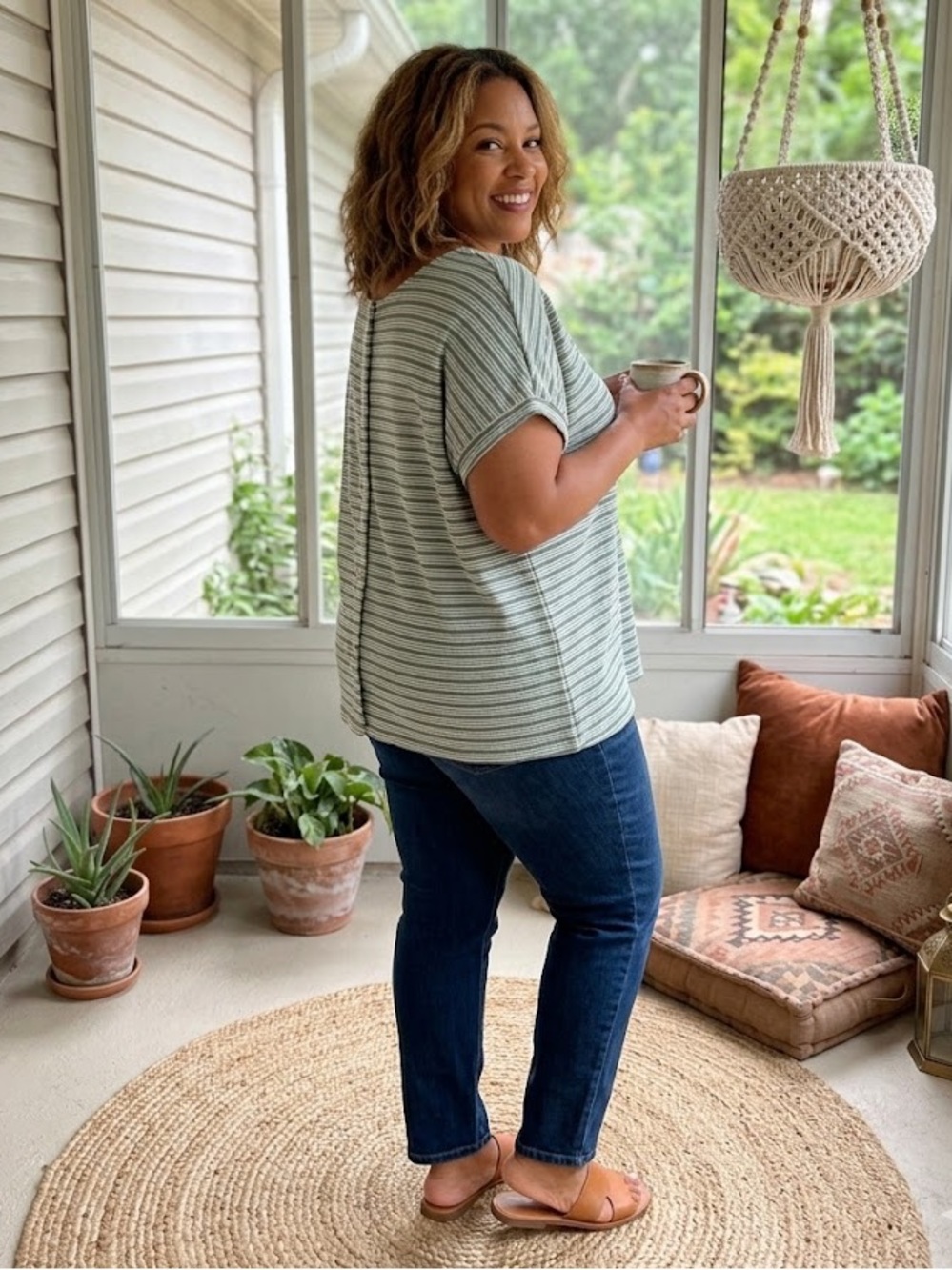 J. Jill Wearever Women’s Plus 2X  Button Back Top Striped English Ivy Cream NWT